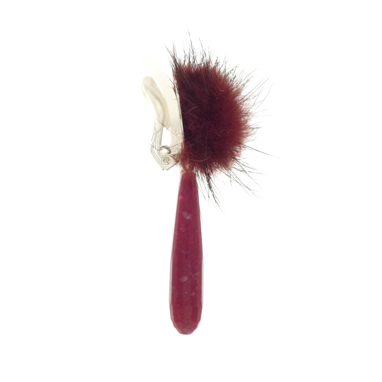 Modeschmuck Elegante Ohrclips Mit Rubin Jade, Fell Bommel in Rot Wein Farbe