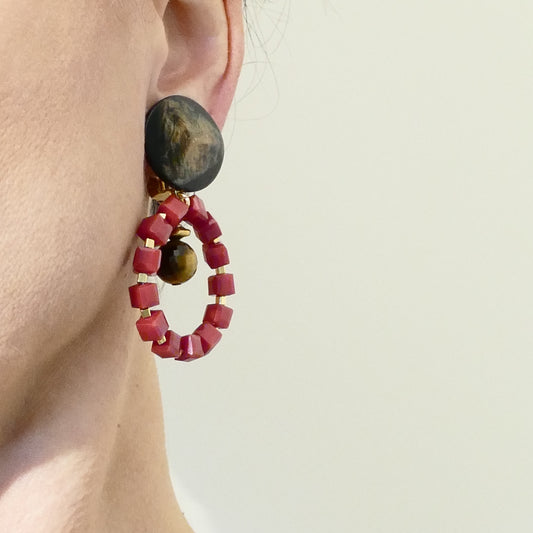 Leoni Ohrclips Creolen Mit Rot Glasperlen Und Tigerauge