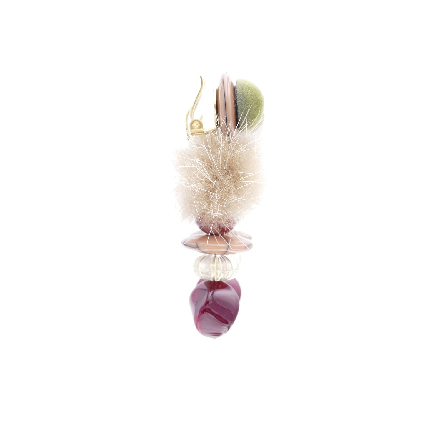 Lange Ohrringe Versilbert Fell-Pelz Beige, Grün Mit Rot Perle
