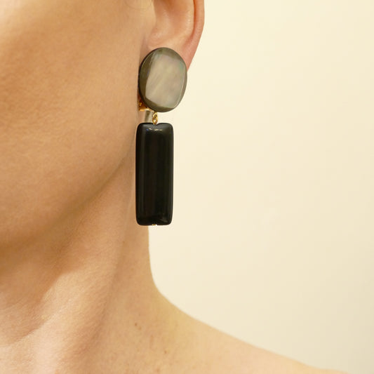 Ohrringe Ohrclips Perlmutt In Grau Farbe Mit Schwarz Onyx Stein