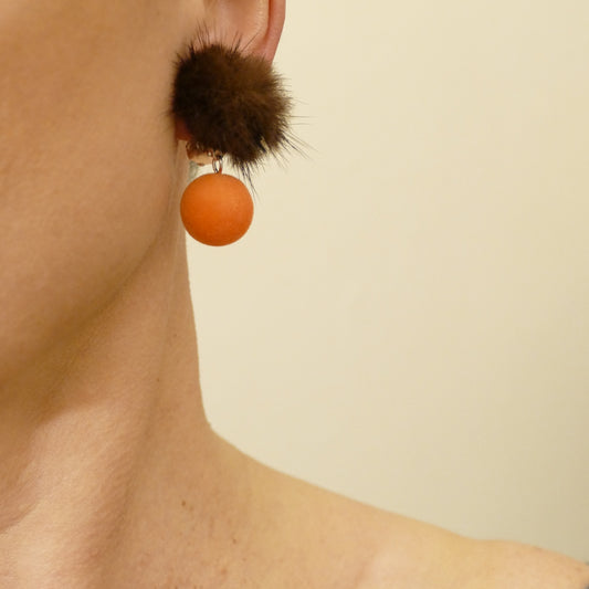 Fell Pelz Ohrclips Pedrita , Leicht Ohrring Mit Orange, Gelbe, Braun Bommel