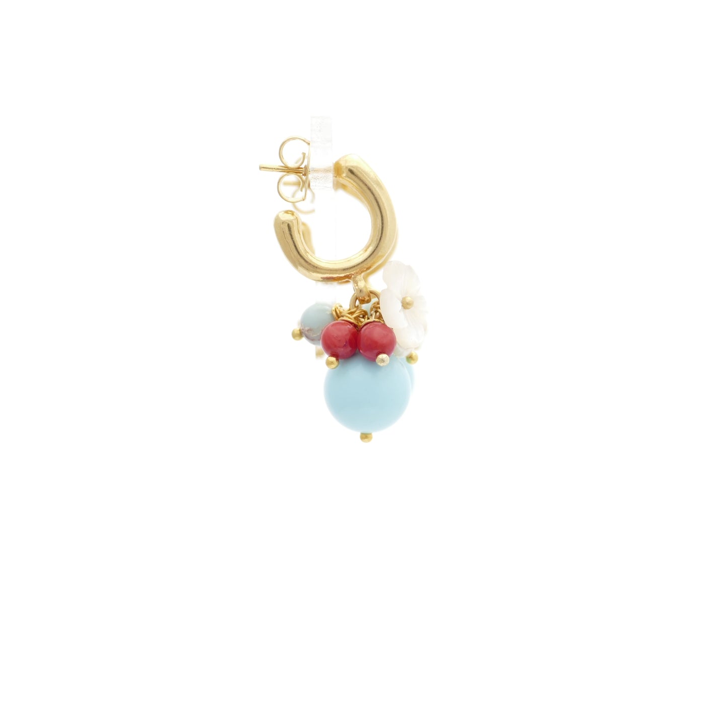 Türkis Gold Ohrringe Mit Perlmutt Blume & Rot Koralle
