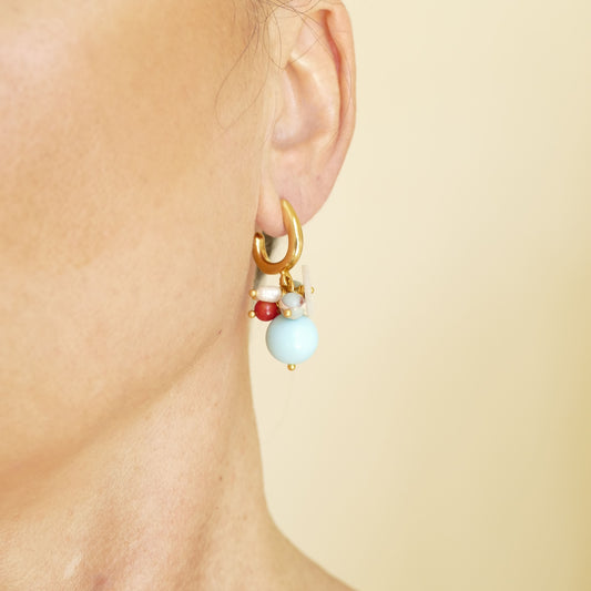 Türkis Gold Ohrringe Mit Perlmutt Blume & Rot Koralle