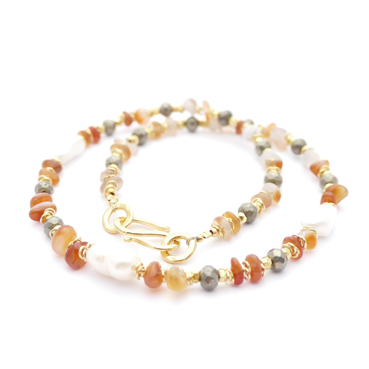 Kette Perle Vergoldet Mit Orange Achat Und Hämatit
