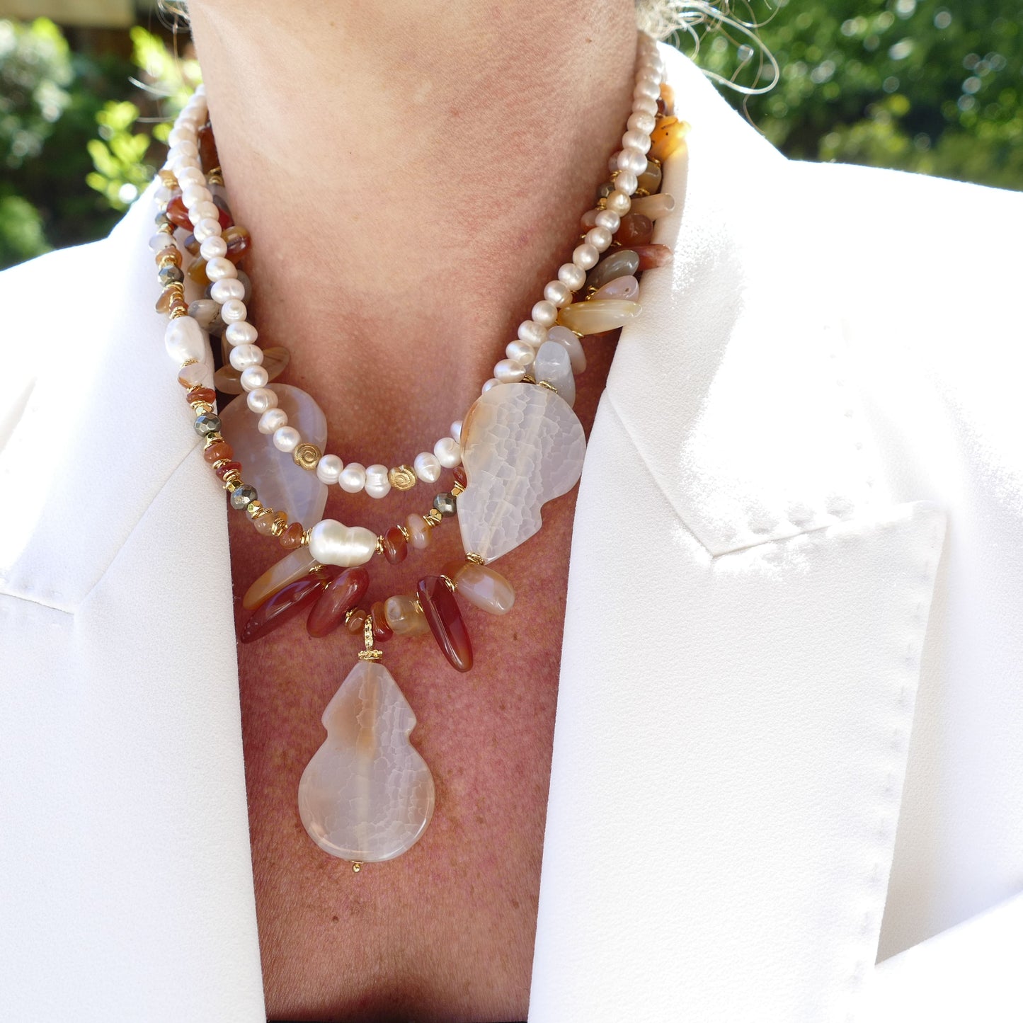 Danndara Achat Kette Edelsteine Collier Mit Goldenen Perlen