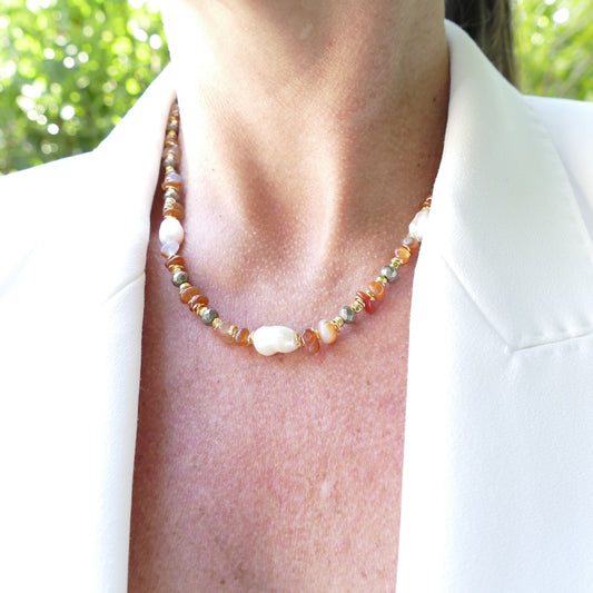 Kette Perle Vergoldet Mit Orange Achat Und Hämatit