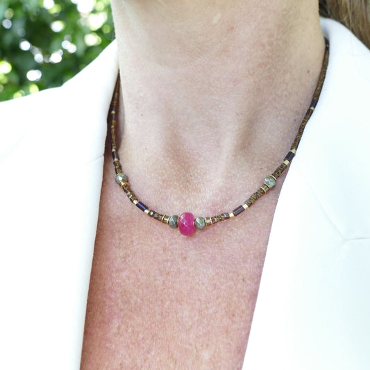 Pink Jade Stein Kette Mit Hemätit