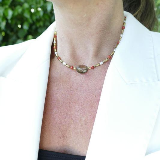 Benitta Kette Rauchquarz Mit Koralle Perle