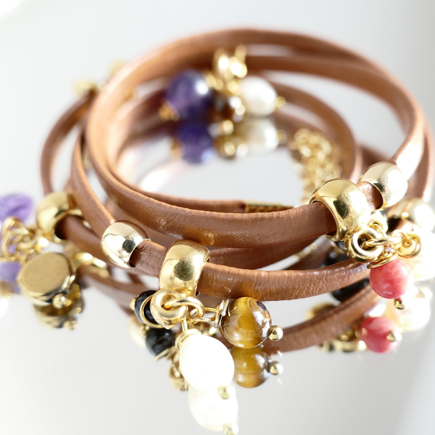 Luise Wickelarmband Leder Mit Perle und Steinen