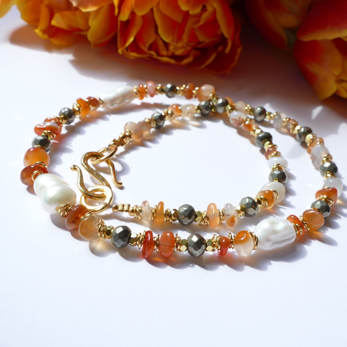 Kette Perle Vergoldet Mit Orange Achat Und Hämatit