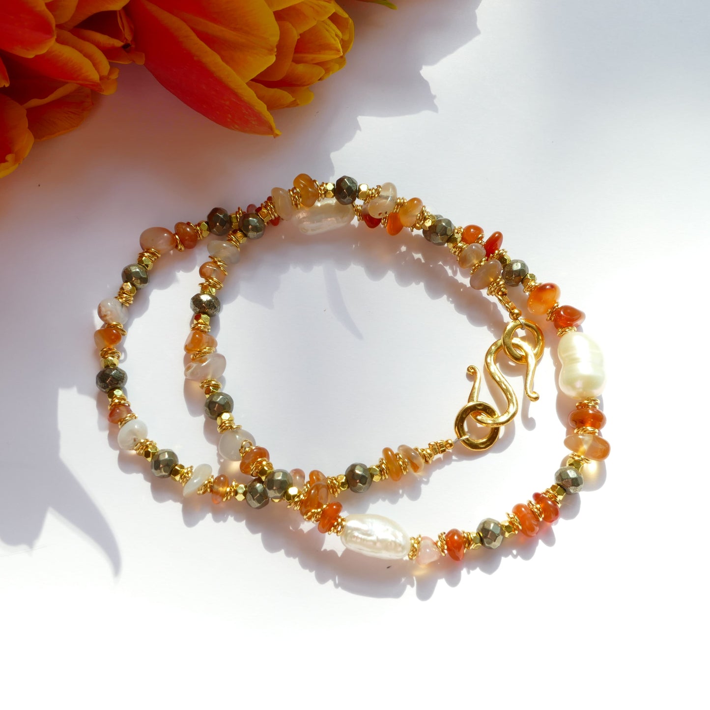 Kette Perle Vergoldet Mit Orange Achat Und Hämatit