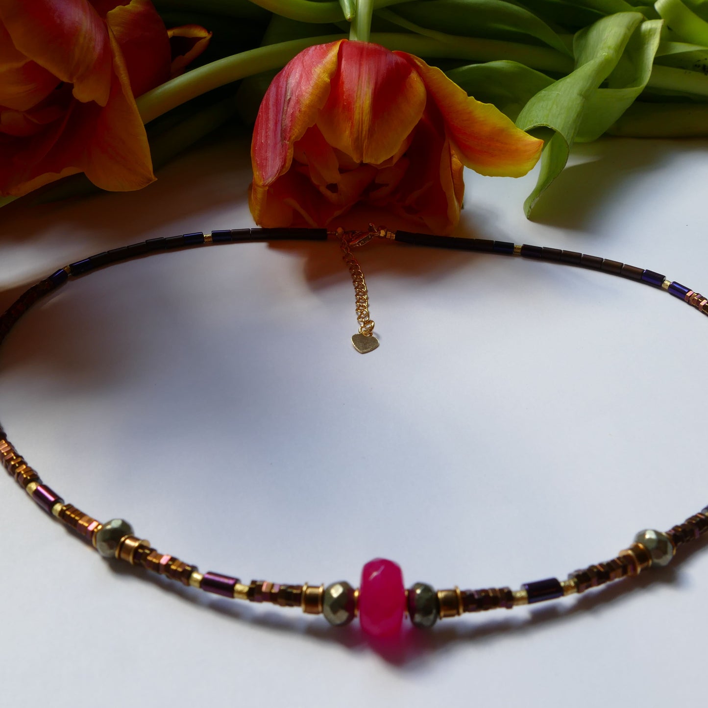 Pink Jade Stein Kette Mit Hemätit