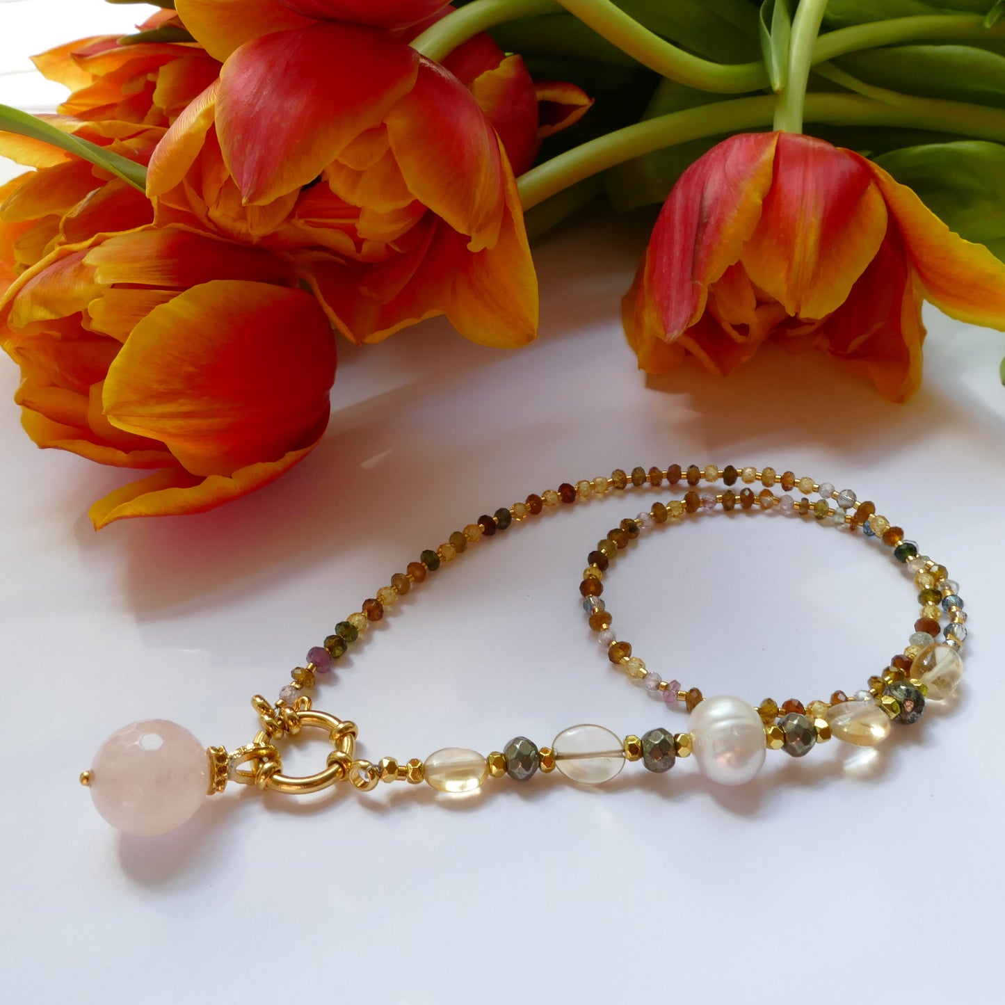 Natürliche Peridot Mehrfarbige Kette Mit Citrin & Perle