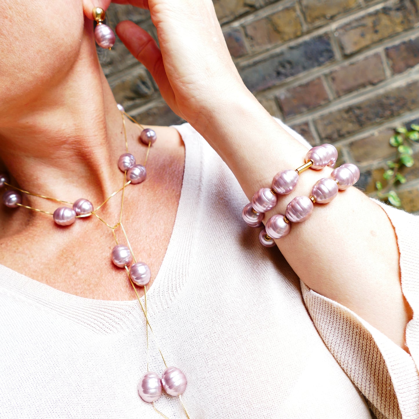 Rosa Set Kette Perlen Mit Ohrringe