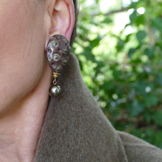 Kunst Formen Ohrringe Ohrclips In Braun Bronze Farbe Mit Grau Perle