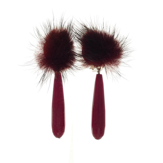 Modeschmuck Elegante Ohrclips Mit Rubin Jade, Fell Bommel in Rot Wein Farbe