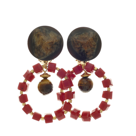 Leoni Ohrclips Creolen Mit Rot Glasperlen Und Tigerauge
