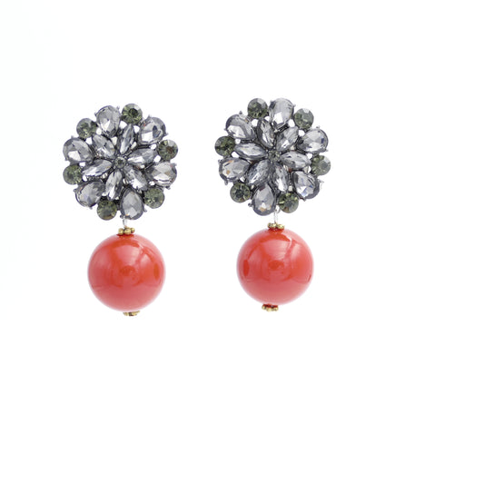 Anastacia Ohrclips Blume Kristall Grau mit Rot-Orange Perle