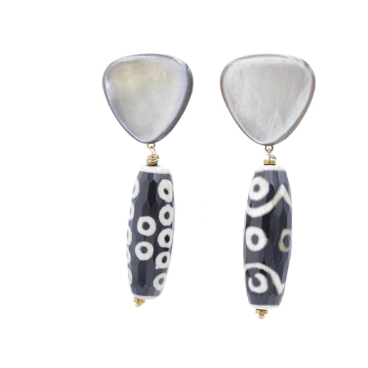 Giane Ohrclips Schwarz & Beige Mit Perlmutt Perle