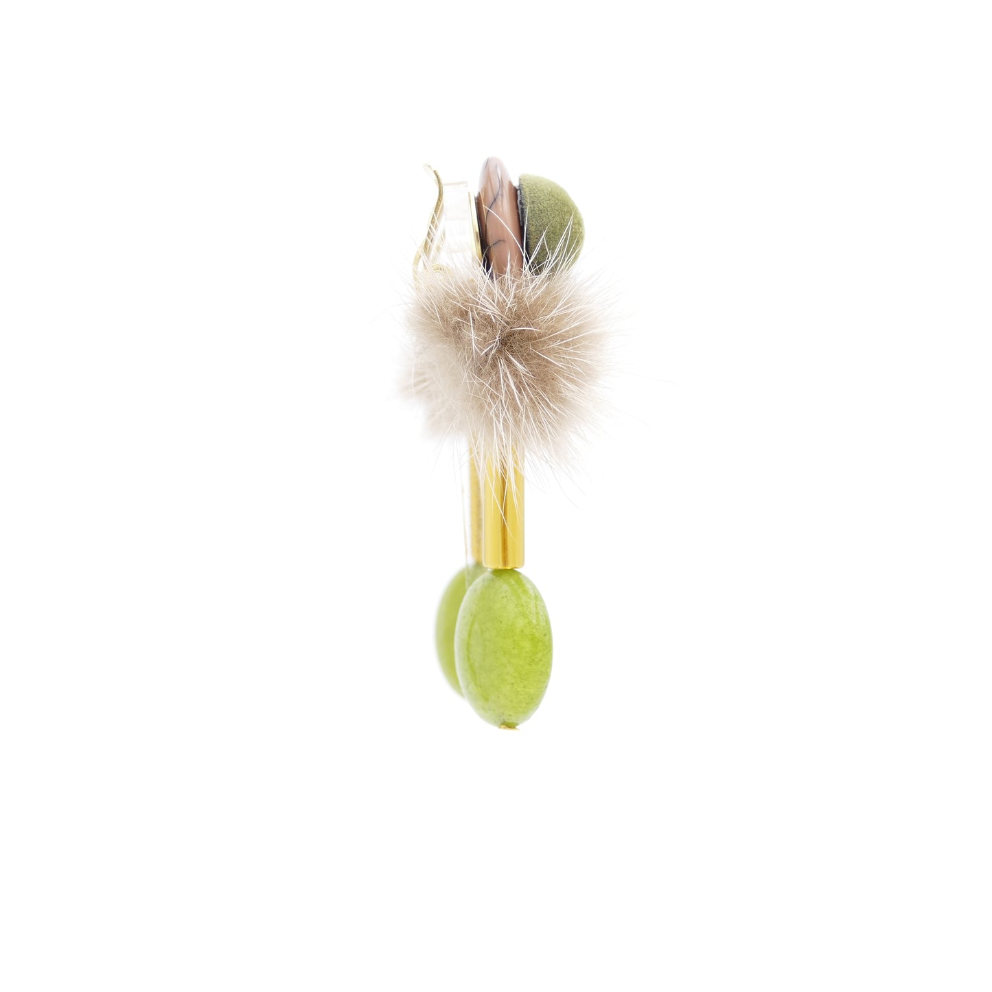 Grüne Jade Ohrclips Mit Beige Fell Pelz