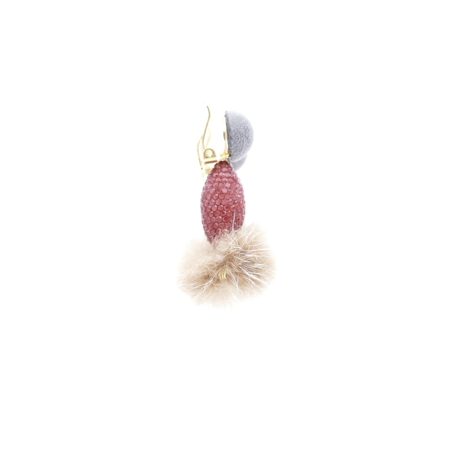 Verspielt Ohrschmuck Ohrclips Rot  Grau Perle Mit Beige Fell Pelz