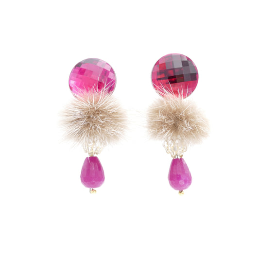 Ohrclips Ohrringe Rosa Pink Jadestein Mit Beige Fell-Pelz Bommel