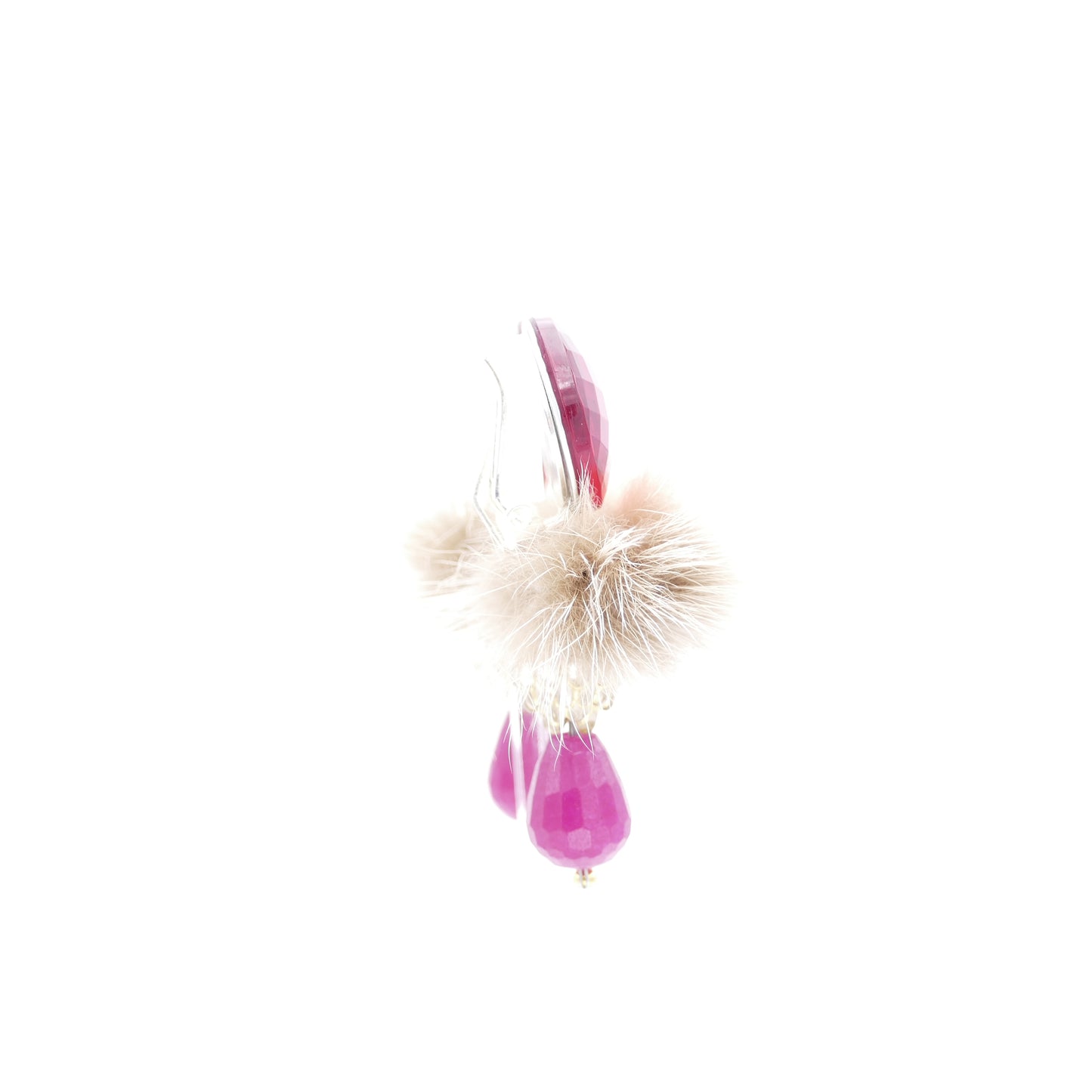 Ohrclips Ohrringe Rosa Pink Jadestein Mit Beige Fell-Pelz Bommel