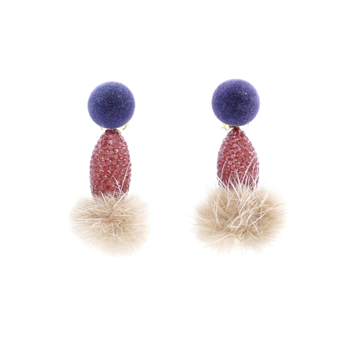 Verspielt Ohrschmuck Ohrclips Rot  Grau Perle Mit Beige Fell Pelz
