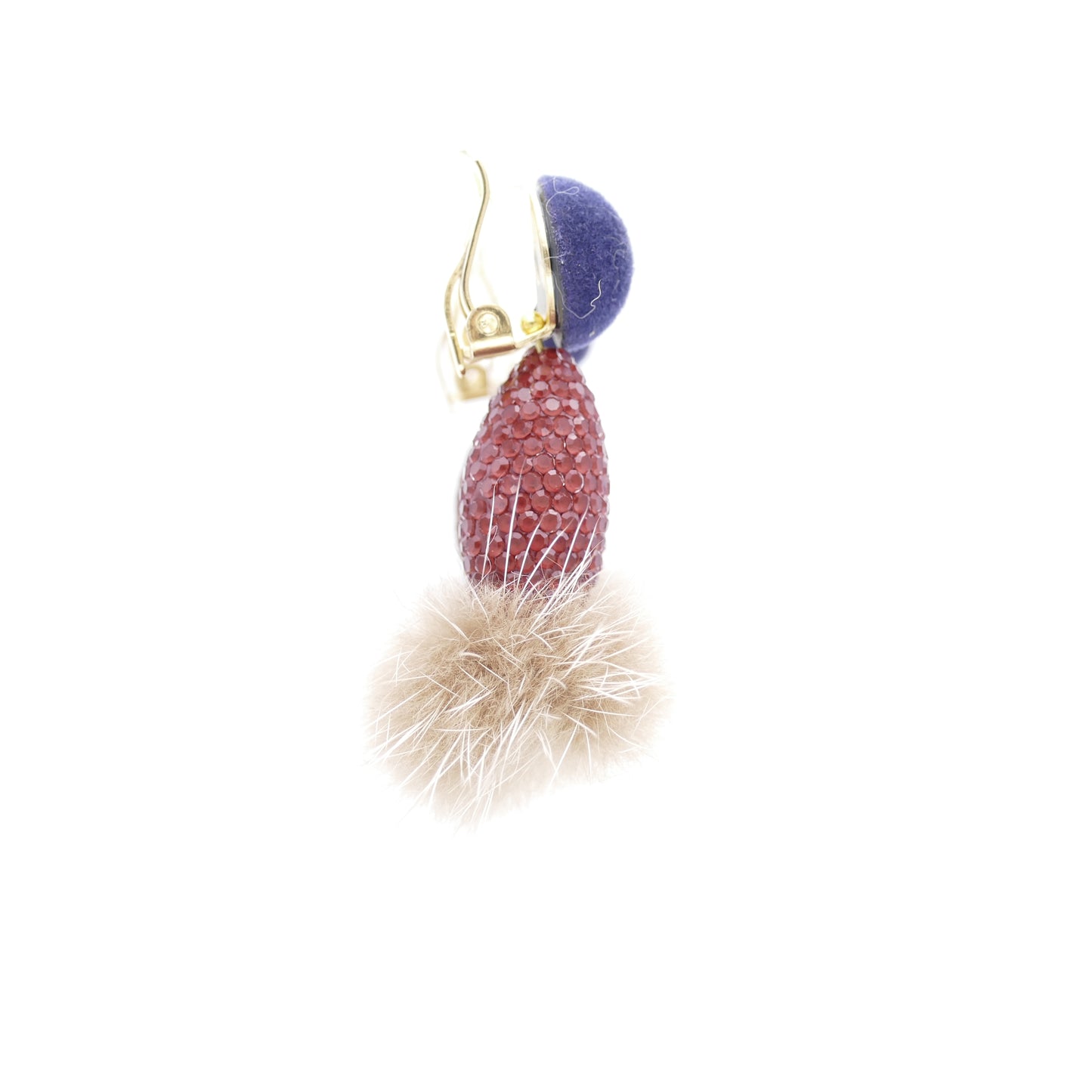Verspielt Ohrschmuck Ohrclips Rot  Grau Perle Mit Beige Fell Pelz