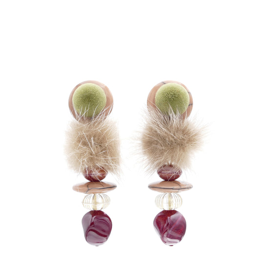 Lange Ohrringe Versilbert Fell-Pelz Beige, Grün Mit Rot Perle