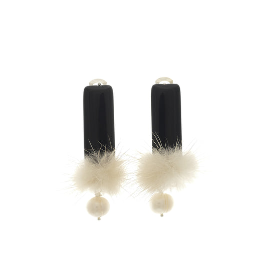 Onyx Ohrringe Ohrclips Versilbert Mit Fell Pelz Und Perle