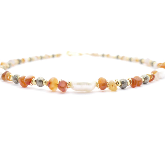 Kette Perle Vergoldet Mit Orange Achat Und Hämatit