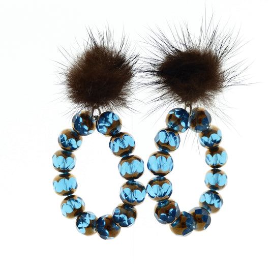 Ohrclips Versilbert Creolen Glasperlen in Blau-Gold Farbe Mit Fell-Pelz In Braun