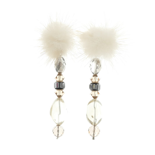 Lange Ohrringe Versilbert Mit Kristall Und Fell-Pelz