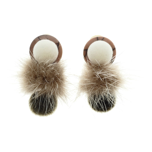Ohrringe Ohrclips Vergoldet Mit Grüne Bommel Beige Fell Pelz
