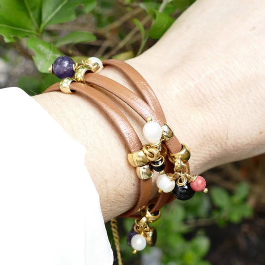 Luise Wickelarmband Leder Mit Perle und Steinen