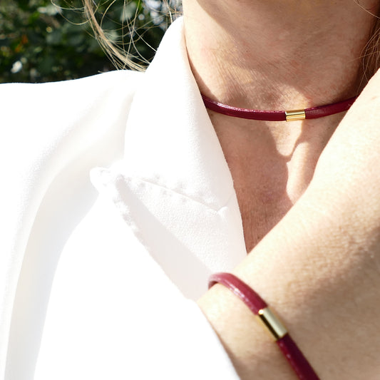Lili Set Schmuck Kette Rot & Gold & Braun Leder