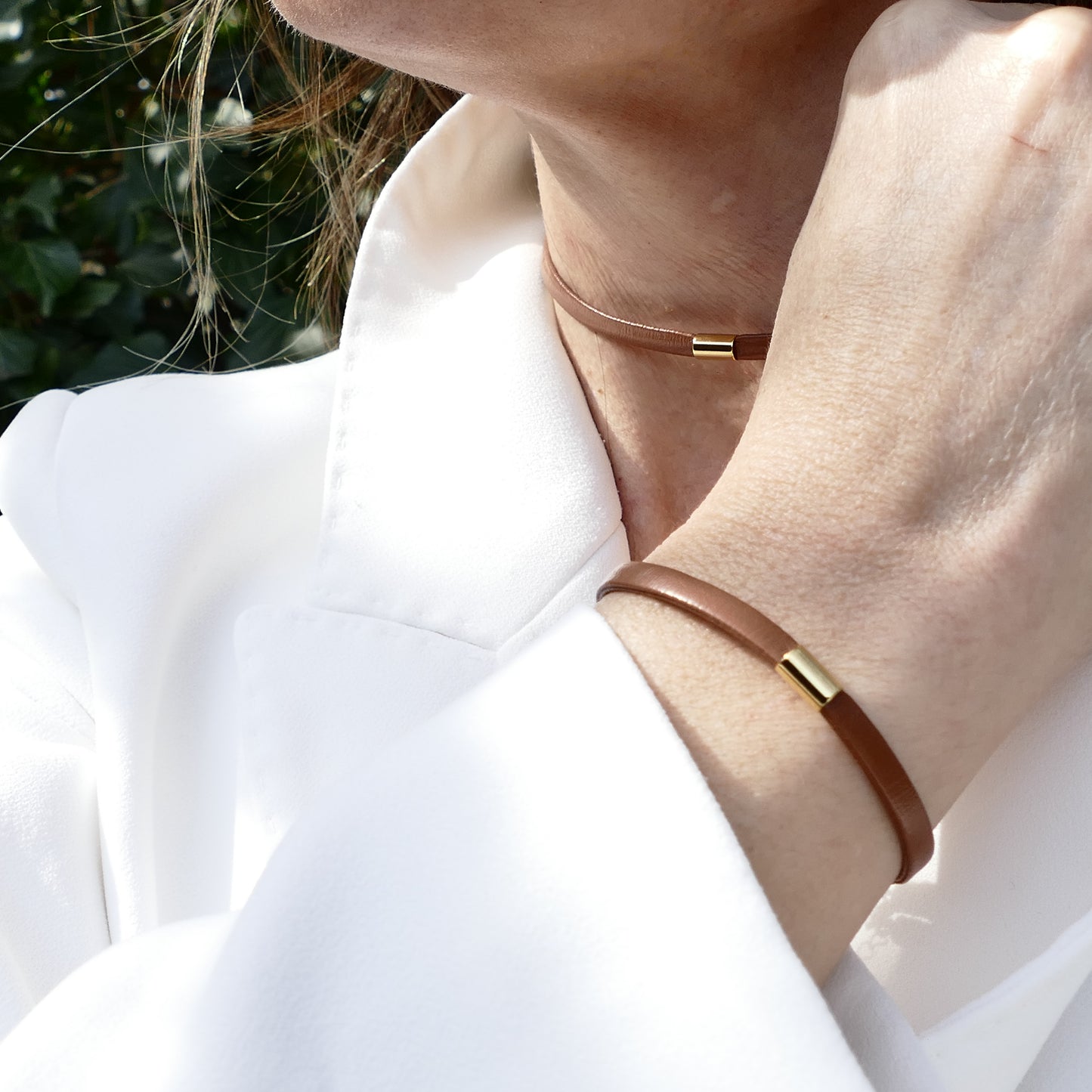 Lili Set Schmuck Kette Rot & Gold & Braun Leder