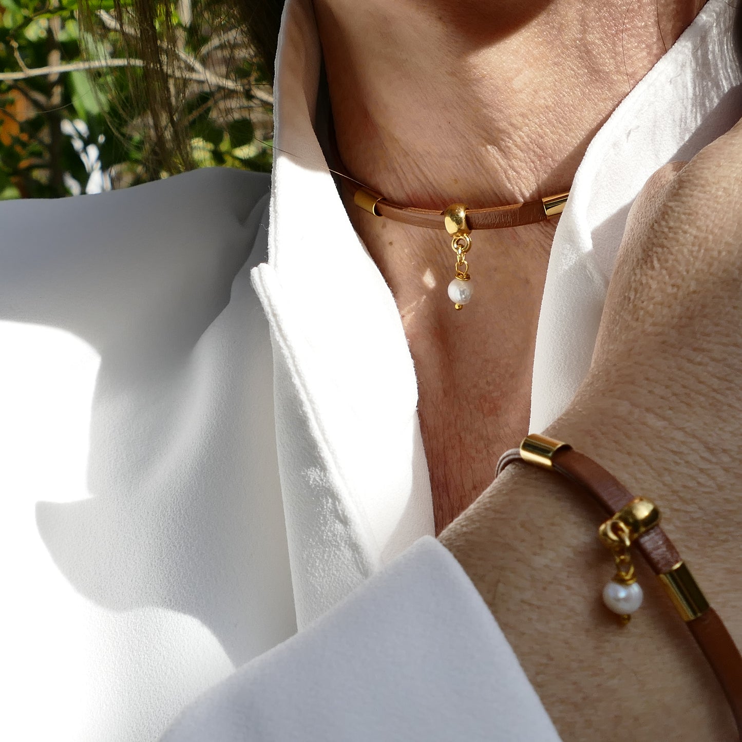 Luci Choker Set  aus Leder Mit Perle