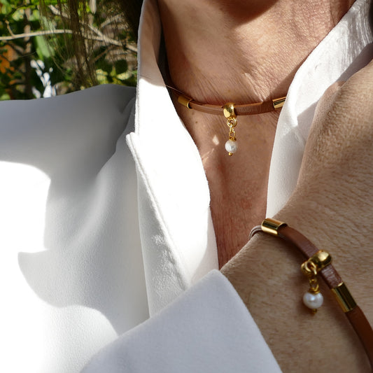 Luci Choker Set  aus Leder Mit Perle