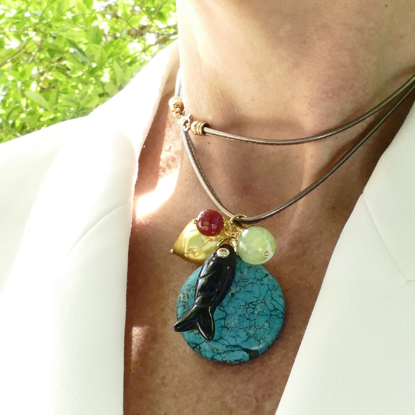 Kirsten Doppelwickel Leder Kette Mit Onyx Fisch Anhänger