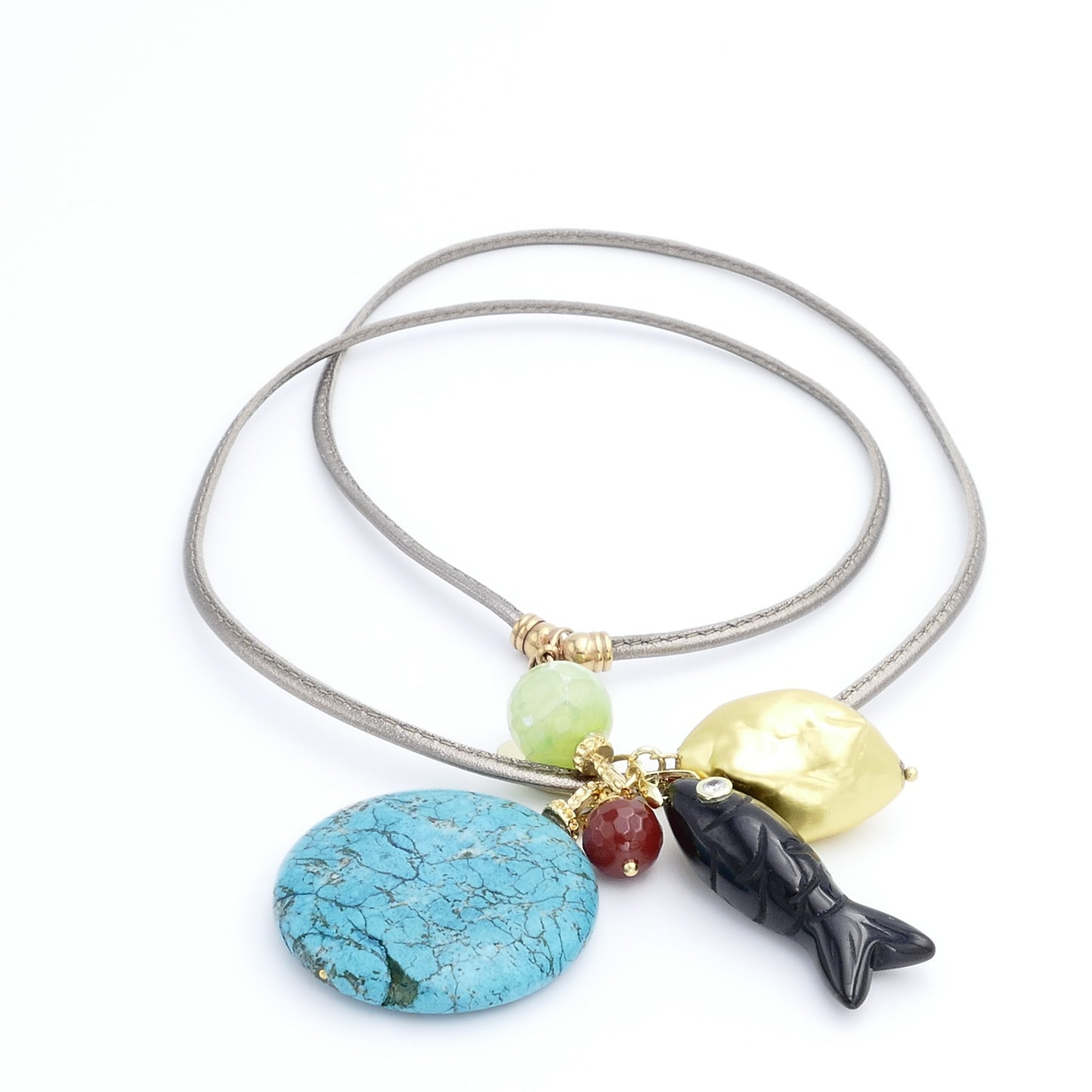 Kirsten Doppelwickel Leder Kette Mit Onyx Fisch Anhänger