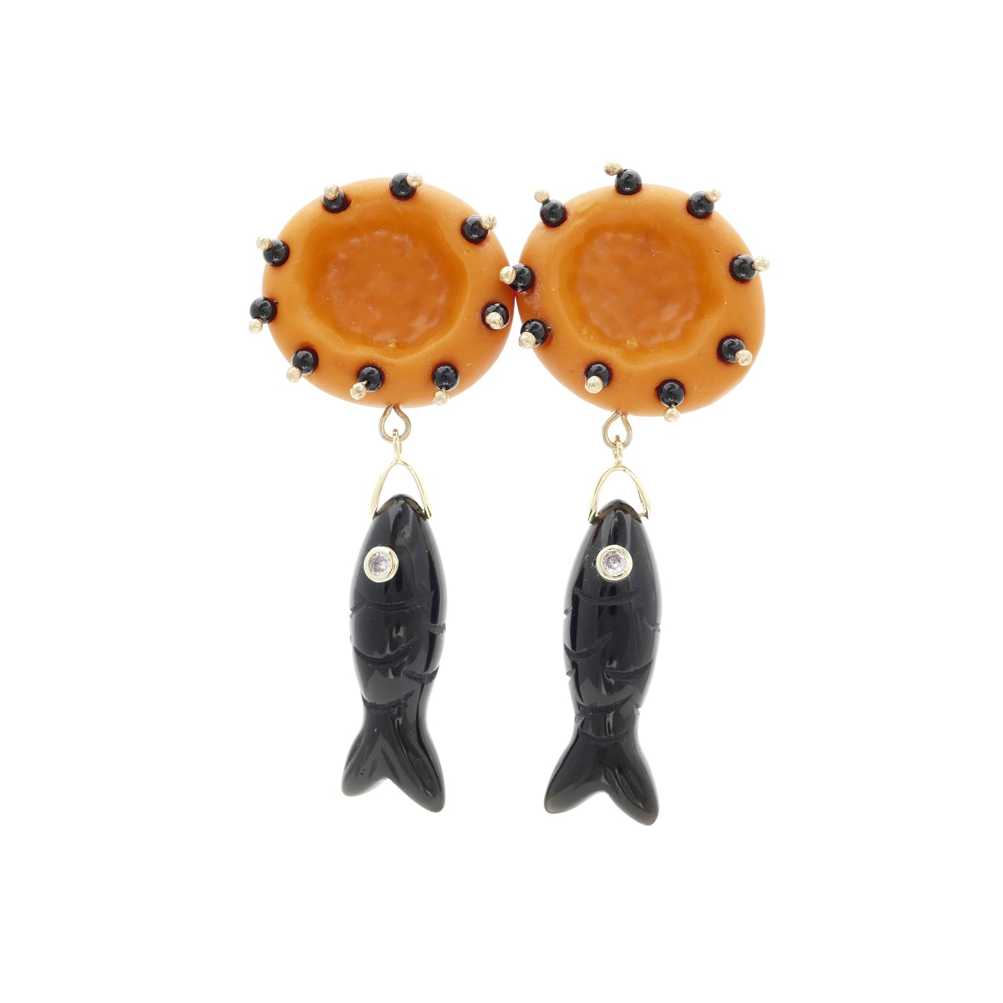 Ohrclips Schwarz Onyx Fisch Mit Orange Perle