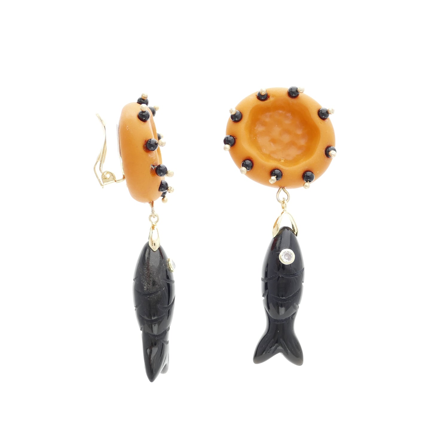 Ohrclips Schwarz Onyx Fisch Mit Orange Perle