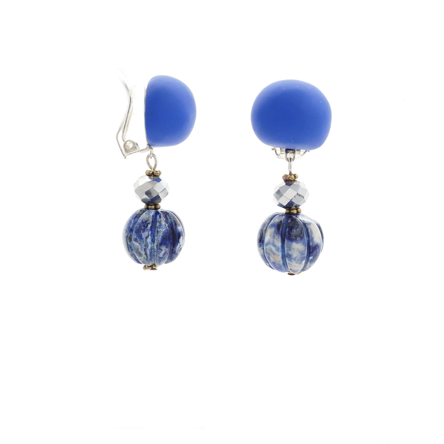 Ohrringe Ohrclips in Royal Blau Mit Stein Und Grau Perle