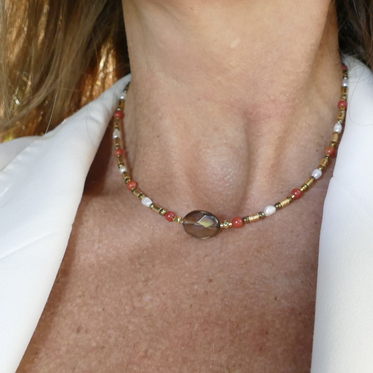 Benitta Kette Rauchquarz Mit Koralle Perle