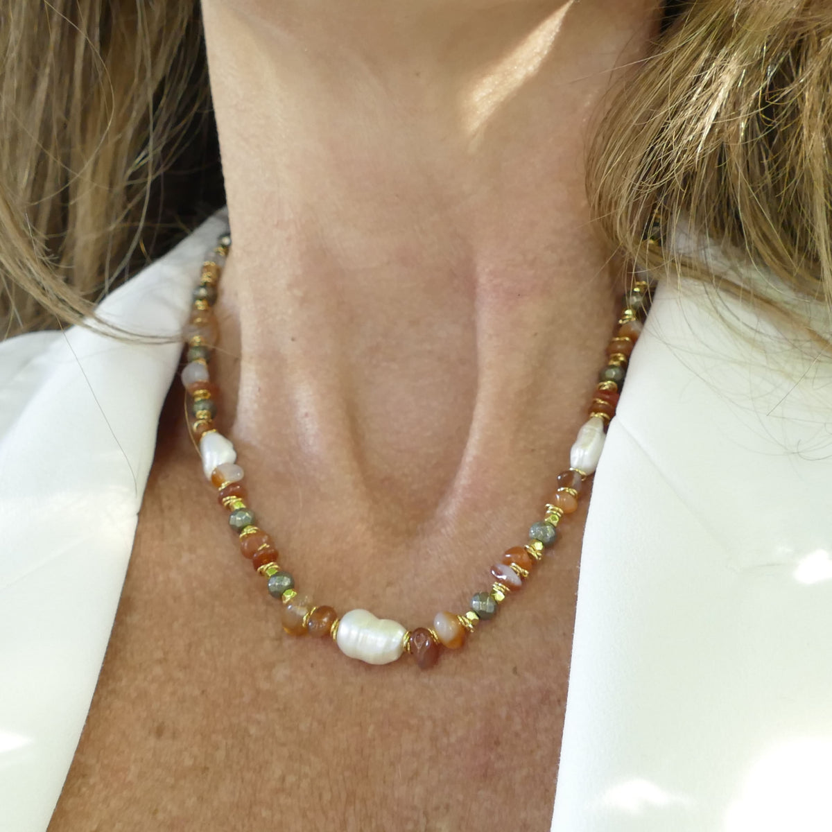 Kette Perle Vergoldet Mit Orange Achat Und Hämatit