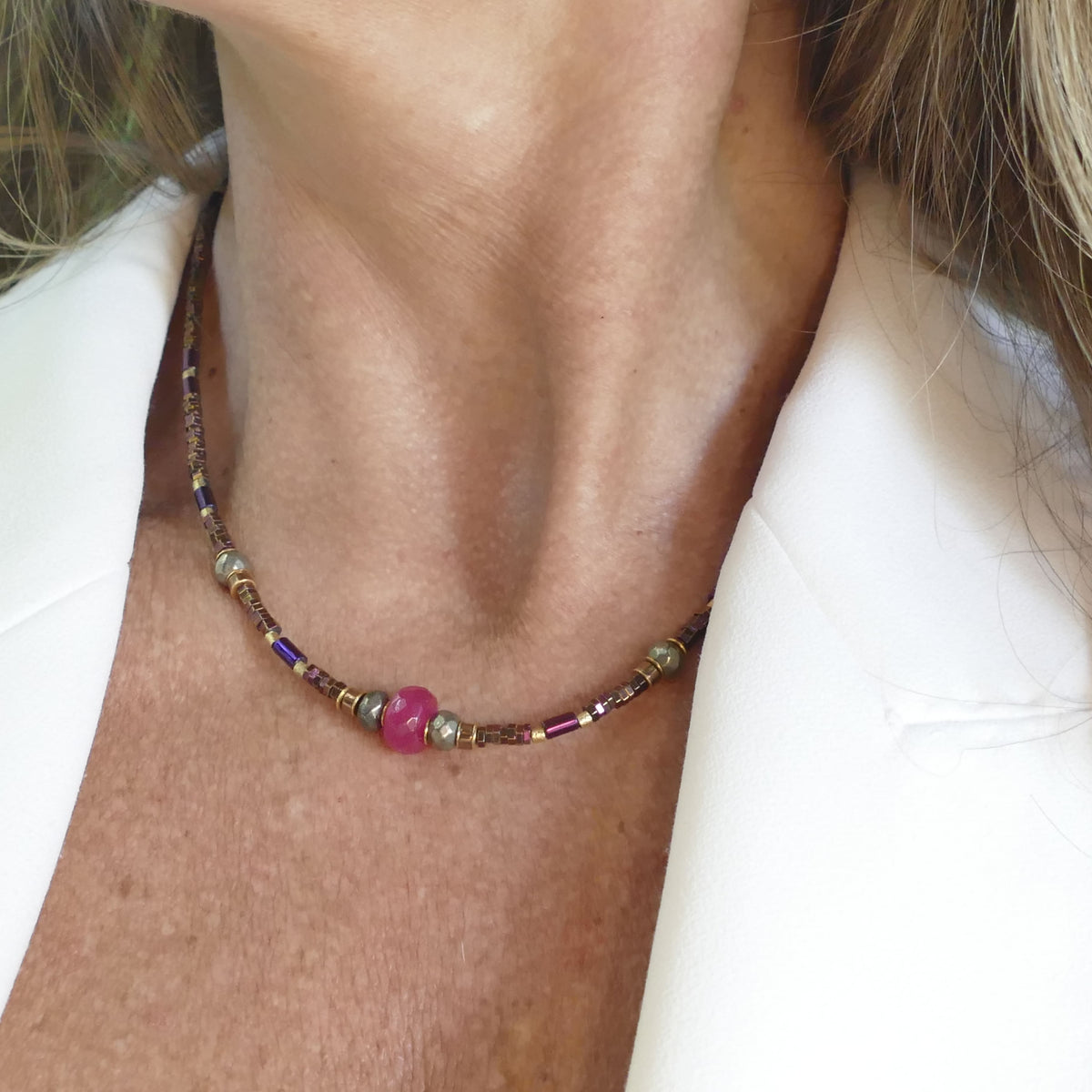 Pink Jade Stein Kette Mit Hemätit