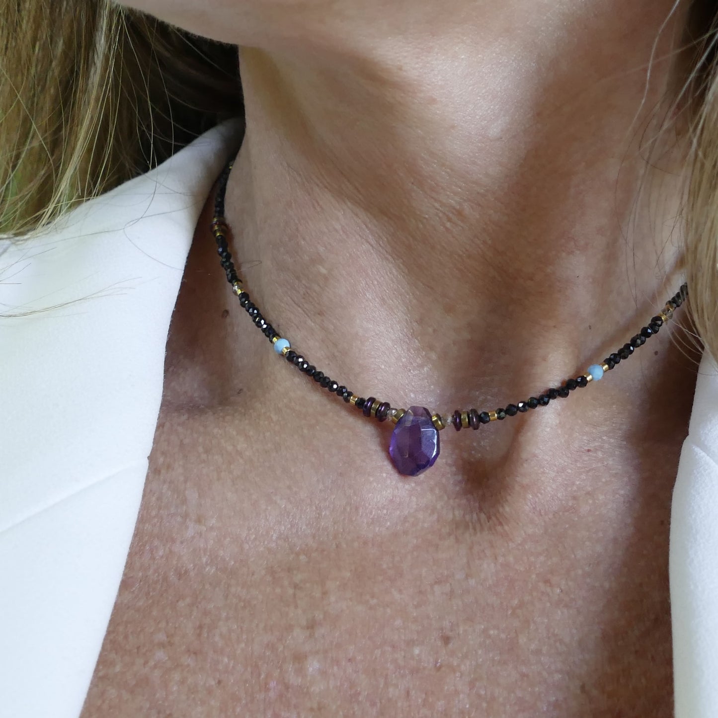Mila Amethyst Kette Mit Schwarz Spinell Und Türkis Steinen