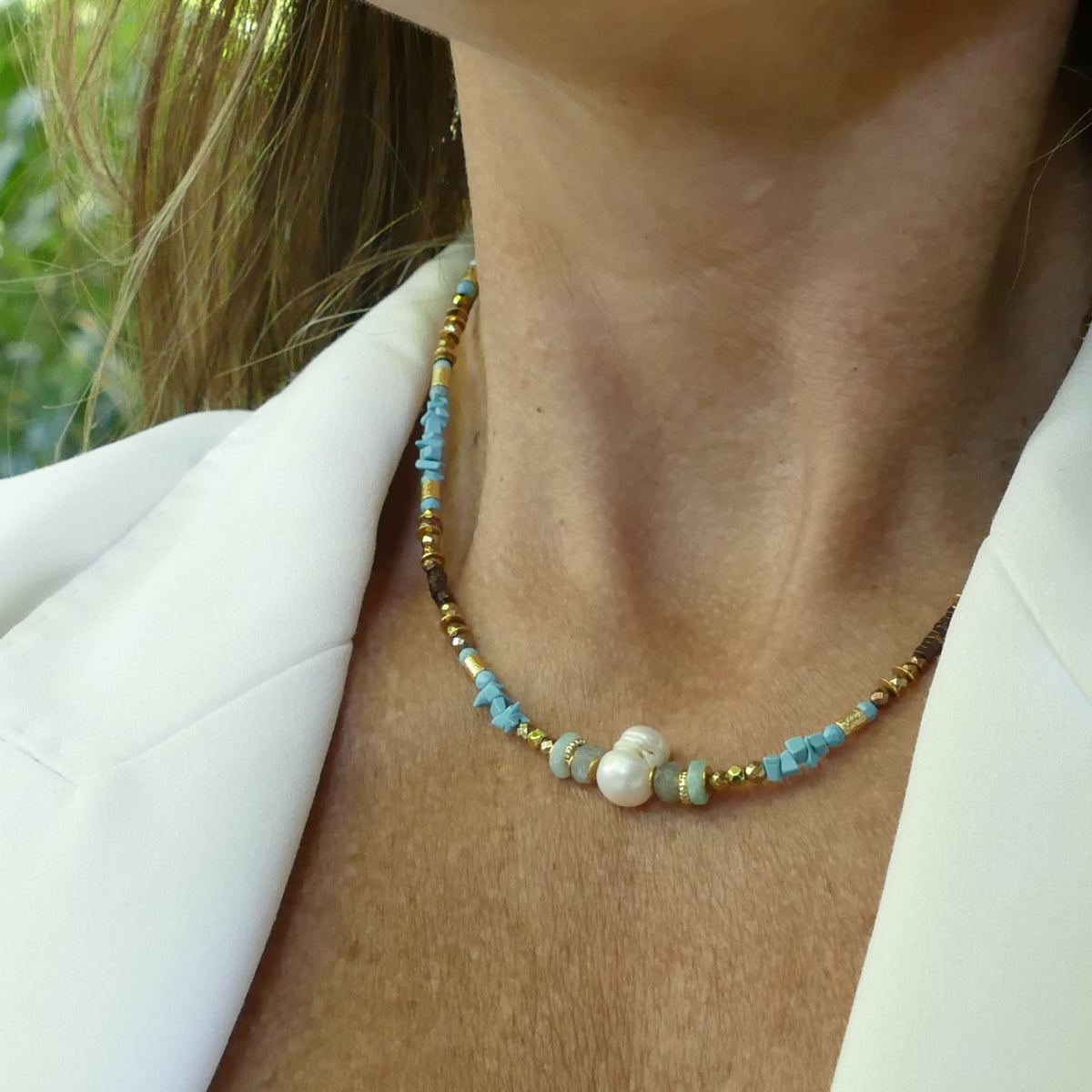 Türkis Kette Mit Labradorit Stein Und Barock Perle